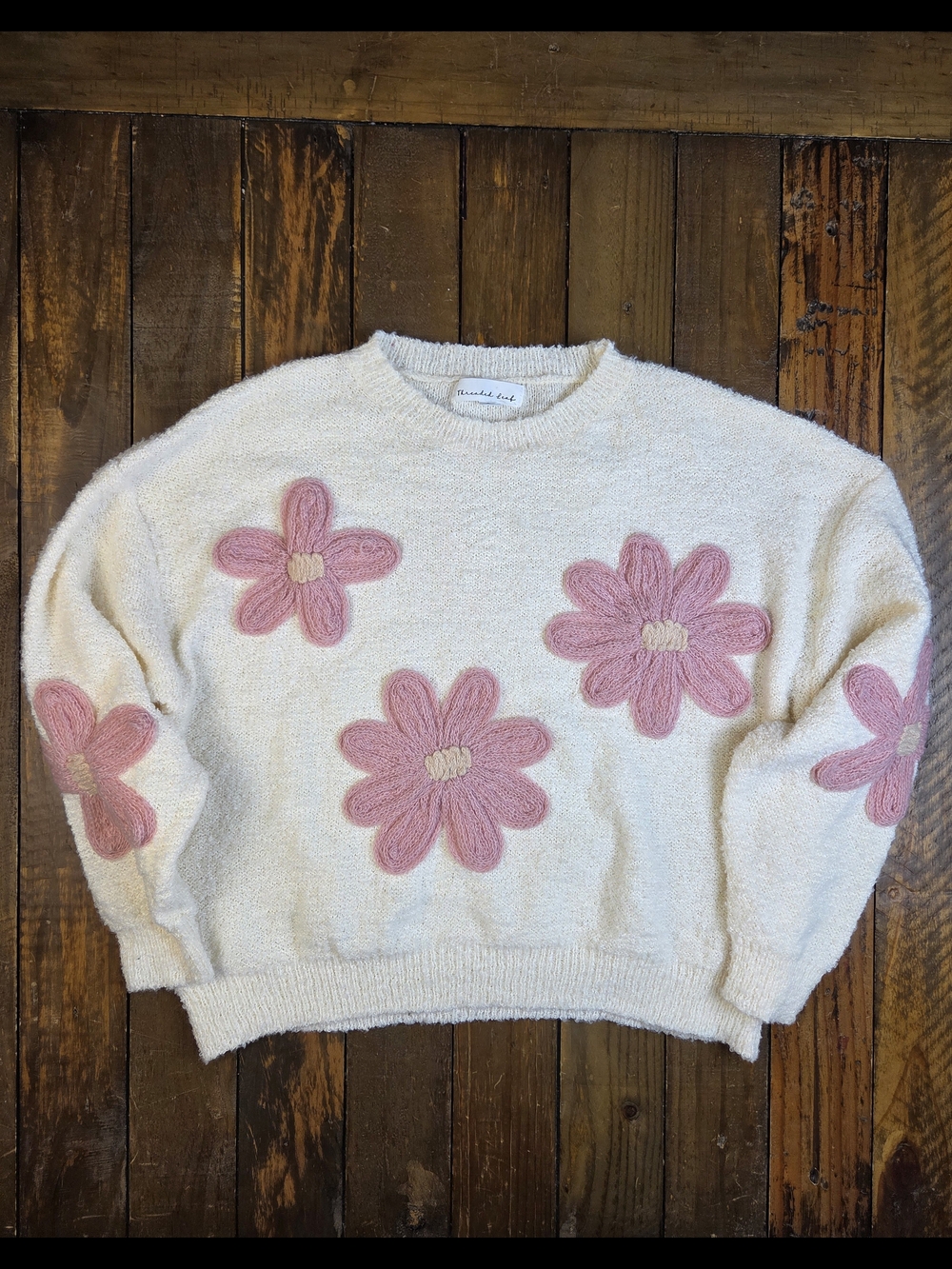 Threaded Leaf Women's Ivory Pink Floral Embroidered Knit Crewneck Sweater Size S